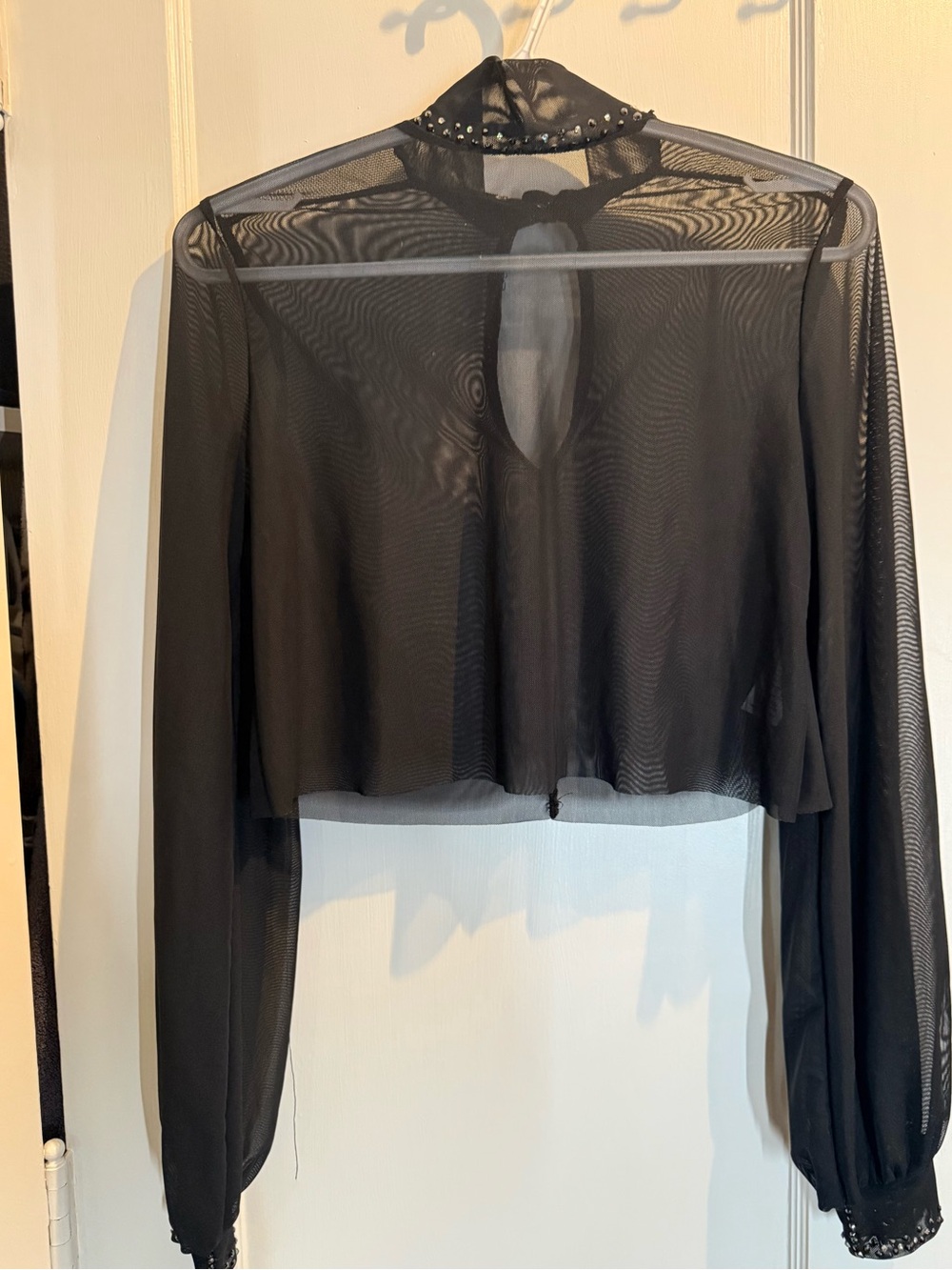 Balera Black Sheer Long-Sleeve Cropped Top -with custom stones